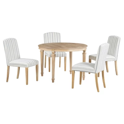 5 PCS Round Dining Table Set With Solid Wood Legs And 4 Striped Fabric Upholstered Chairs-ModernLuxe 9 5 PCS Round Dining Table Set With Solid Wood Legs And 4 Striped Fabric Upholstered Chairs-ModernLuxe - Image 7