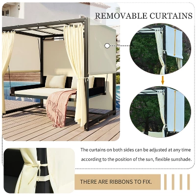 Patio Outdoor 3-Seat PE Rattan Swing Bed With Adjustable Curtains-ModernLuxe 5 Patio Outdoor 3-Seat PE Rattan Swing Bed With Adjustable Curtains-ModernLuxe - Image 3