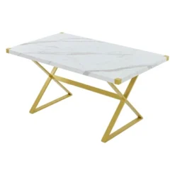 7 PCS Modern Dining Table Set, Marble Texture Kitchen Table And 6 PU Leather Chairs With X-Shaped Gold Steel Pipe Legs, White+Gold-ModernLuxe -ModernLuxe GUEST 4f72c305 2ac8 4cdc a391 4036d2bcef67