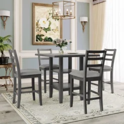 5-Piece Wooden Counter Height Dining Set With Padded Chairs And Storage Shelves-ModernLuxe