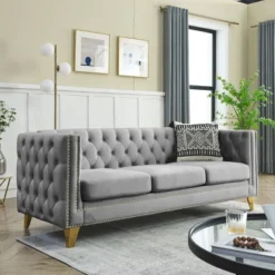 Living Room Modern Velvet Sofa With Button Tufted Square Arms And Metal Legs - ModernLuxe -ModernLuxe GUEST 5208e92b e0fd 4fa7 961e bb463519b727