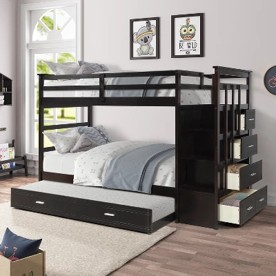 Twin Over Twin Wood Bunk Bed With 4 Drawers, Trundle And Staircase-ModernLuxe 15 Twin Over Twin Wood Bunk Bed With 4 Drawers, Trundle And Staircase-ModernLuxe - Image 13