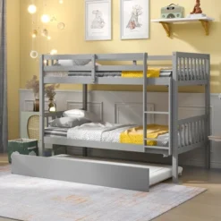 Twin Over Twin Wood Bunk Bed With Trundle, Safety Rail And Ladder-ModernLuxe -ModernLuxe GUEST 543bae8d b091 4f18 afbe 5b44ee1f21e8