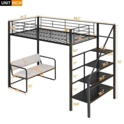 Twin Size Metal Loft Bed With Bench And Storage Staircase, Black-ModernLuxe -ModernLuxe GUEST 55fc4456 b4eb 4f8d 9388 1ad2bee8a174