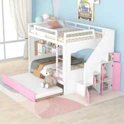Full Over Full Bunk Bed With Trundle, Stairs, Ladders And Storage Cabinet-ModernLuxe -ModernLuxe GUEST 57c9e4d4 d968 4114 a59c f203690502ec