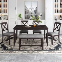 Modernluxe 6-Piece Kitchen Dining Table Set Wooden Rectangular Dining Table With 4 Dining Chairs And A Bench -ModernLuxe GUEST 58216ae0 ce32 4518 866a 28c5f8b27bf7