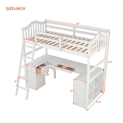 Twin Size Wooden Loft Bed With Drawers, Cabinet, Shelves And Desk-ModernLuxe 4 Twin Size Wooden Loft Bed With Drawers, Cabinet, Shelves And Desk-ModernLuxe - Image 2