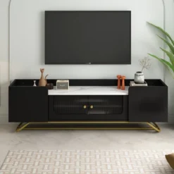 Stylish Design TV Stand For TVs Up To 65" With Fluted Glass, Cultured Marble Top And Gold Framed Base - ModernLuxe