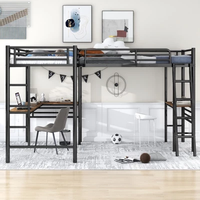Metal Twin Size Loft Bed With Two Built-in Desks, Black - ModernLuxe 3 Metal Twin Size Loft Bed With Two Built-in Desks, Black - ModernLuxe