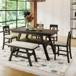 Rustic 6-Piece Wood Counter Height Dining Table Set With Storage Shelf, 4 Chairs And Bench-ModernLuxe -ModernLuxe GUEST 60383f09 1d7a 42cd aa36 8d22502eb16c