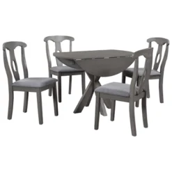 5-Piece Rustic Wooden Round Dining Table Set With Drop Leaf And 4 Upholstered Dining Chairs, Gray - ModernLuxe -ModernLuxe GUEST 637eec02 b0be 4f5a 8cb3 e8a6e4c48371