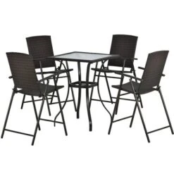 5-Piece Patio Rattan Dining Table Set , Counter Height PE Wicker Dining Table Set With Umbrella Hole And 4 Foldable Chairs, Brown-ModernLuxe -ModernLuxe GUEST 64bcf024 08db 4633 ac07 6b8a010a9b63