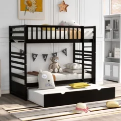Twin Over Twin Wood Bunk Bed With Safety Rail And Movable Trundle-ModernLuxe -ModernLuxe GUEST 678093b7 f744 428b a74b 453ca4dbdbd1