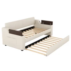 Twin Size Upholstery Daybed With Storage Arms, Trundle And USB Design, Beige - ModernLuxe -ModernLuxe GUEST 6994f09a d706 41de 83e6 50e5caea0bc1
