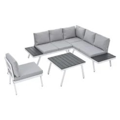 Industrial Aluminum Outdoor Patio Furniture Set Of 5 With End And Coffee Tables, White+Gray - ModernLuxe -ModernLuxe GUEST 6cff2b37 e4e4 474b 9fdd 6edadb986bb7
