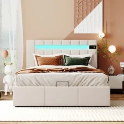 Upholstered Bed With LED Light, Bluetooth Player And USB Charging, Hydraulic Storage Bed In Velvet Fabric-ModernLuxe