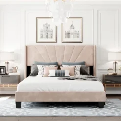 Queen Size Velvet Upholstered Platform Bed, Box Spring Required - ModernLuxe