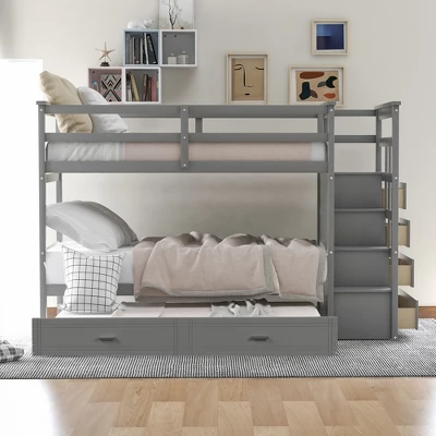 Twin Over Twin Wood Bunk Bed With 4 Drawers, Trundle And Staircase-ModernLuxe 3 Twin Over Twin Wood Bunk Bed With 4 Drawers, Trundle And Staircase-ModernLuxe