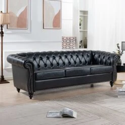 84.65" Chesterfield Rolled Arm 3 Seater Upholstered Sofa, Tufted Sofa Couch-ModernLuxe