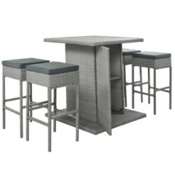 5-Piece Patio Rattan Dining Table Set , Counter Height PE Wicker Square Table Set With Storage Shelf And 4 Padded Stools, Gray-ModernLuxe 16 5-Piece Patio Rattan Dining Table Set , Counter Height PE Wicker Square Table Set With Storage Shelf And 4 Padded Stools, Gray-ModernLuxe -ModernLuxe GUEST 705825f8 2606 4400 876c 19405cd5c9bd