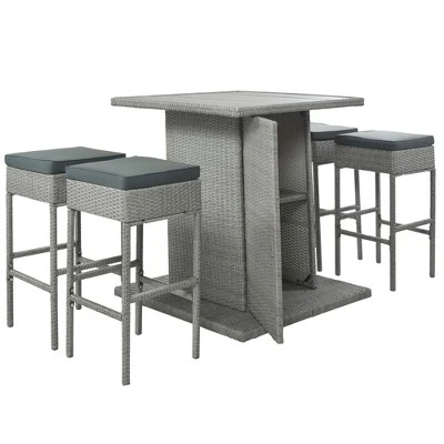 5-Piece Patio Rattan Dining Table Set , Counter Height PE Wicker Square Table Set With Storage Shelf And 4 Padded Stools, Gray-ModernLuxe 4 5-Piece Patio Rattan Dining Table Set , Counter Height PE Wicker Square Table Set With Storage Shelf And 4 Padded Stools, Gray-ModernLuxe - Image 3