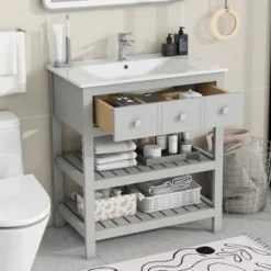 30" Bathroom Vanity With Ceramic Basin Sink, Drawer And 2-Tier Storage Shelf, Gray - ModernLuxe