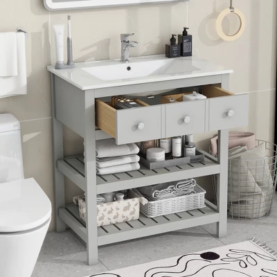 30" Bathroom Vanity With Ceramic Basin Sink, Drawer And 2-Tier Storage Shelf, Gray - ModernLuxe 3 30" Bathroom Vanity With Ceramic Basin Sink, Drawer And 2-Tier Storage Shelf, Gray - ModernLuxe