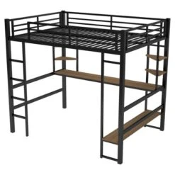 Full Size Metal Loft Bed With Long Desk And Shelves, Black - ModernLuxe -ModernLuxe GUEST 71749765 f51a 428f b414 8f72d4dac0ee