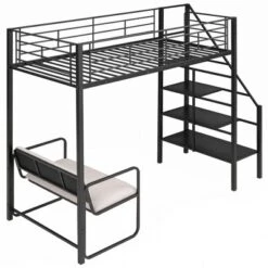 Twin Size Metal Loft Bed With Bench And Storage Staircase, Black-ModernLuxe -ModernLuxe GUEST 7b6bad22 ed55 4a78 bda6 80e7ad45ee60