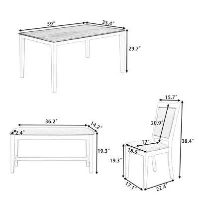6 PCS Wood Dining Table Set, Rectangular Table With 4 Upholstered Chairs & Bench-ModernLuxe 4 6 PCS Wood Dining Table Set, Rectangular Table With 4 Upholstered Chairs & Bench-ModernLuxe - Image 2