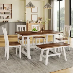 Farmhouse 6-Piece Wood Dining Table Set With Long Bench And 4 Dining Chairs-ModernLuxe -ModernLuxe GUEST 7f6c6421 4137 4b1c add1 4461c30754bc