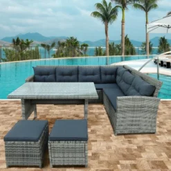 6-Piece Outdoor Patio Sectional Sofa With Glass Table And Ottoman For Pool, Backyard, Lawn - ModernLuxe -ModernLuxe GUEST 7fb83d47 f18e 4755 a6bb 62804ed41c7f