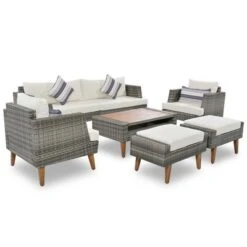 6 PCS All Weather PE Wicker Sofa Set, Patio PE Rattan Conversation Set With Wood Legs Wood Table Top-ModernLuxe -ModernLuxe GUEST 8275859e 258d 4a7c 9b5f 7aaccf92541c