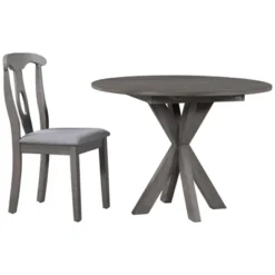 5-Piece Rustic Wooden Round Dining Table Set With Drop Leaf And 4 Upholstered Dining Chairs, Gray - ModernLuxe -ModernLuxe GUEST 831c1d41 abe0 4317 ae7b 7090a0723dca