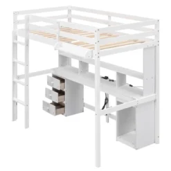Loft Bed With Multi-Function Storage Table, LED Lights, Bedside Tray And Charging Station, White - ModernLuxe -ModernLuxe GUEST 83c6dc15 e7f5 465a 90b5 55e23689c23e
