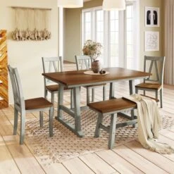 Farmhouse 6-Piece Wood Dining Table Set With Long Bench And 4 Dining Chairs-ModernLuxe -ModernLuxe GUEST 870b12da f5c7 4e5c aaff 4bff54db7178