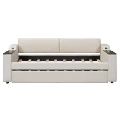 Twin Size Upholstery Daybed With Storage Arms, Trundle And USB Design, Beige - ModernLuxe -ModernLuxe GUEST 8889bb48 87f0 4fcc 89e8 5fca30ec2d14