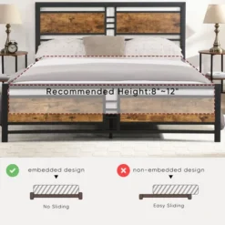 Queen Size Metal Platform Bed With Wood Headboard And Footboard, Antique Brown - ModernLuxe -ModernLuxe GUEST 88d48f84 ab1c 4b19 94a9 40255777047f