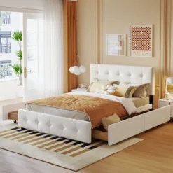 Upholstered Queen Size Platform Bed With Classic Headboard And 4 Drawers-ModernLuxe -ModernLuxe GUEST 8960b82b bae7 4c73 8608 4752508f0e1c