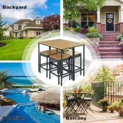 5-Piece Outdoor Patio Wicker Bar Set With Foldable Acacia Wood Top With 4 Stools And 1 Table,Brown - ModernLuxe -ModernLuxe GUEST 8bdbc3f1 6058 4034 853d 711e080e4c12
