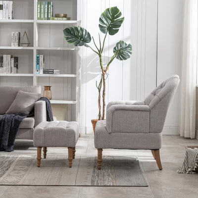 Mid Century Button-Tufted Upholstered Accent Chair Set With Linen Fabric And Ottoman-ModernLuxe 4 Mid Century Button-Tufted Upholstered Accent Chair Set With Linen Fabric And Ottoman-ModernLuxe - Image 2