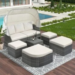 Patio PE Rattan Daybed Sunbed With Retractable Canopy-ModernLuxe