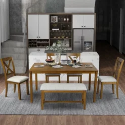 Modernluxe 6-Piece Kitchen Dining Table Set Wooden Rectangular Dining Table With 4 Dining Chairs And A Bench -ModernLuxe GUEST 90671ff8 6833 45c8 98fd 31e445636941