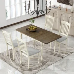 5 PCS Mid-Century Extendable Dining Table Set With 15inch Butterfly Leaf And 4 Upholstered Chairs-ModernLuxe
