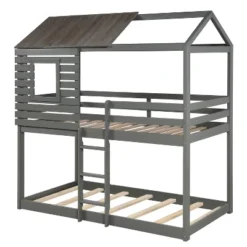 Twin Over Twin Wood Bunk Bed With Roof, Window, Guardrail, Ladder Gray-ModernLuxe -ModernLuxe GUEST 92315a95 ed0e 496c 93fe 63415b3cdbb8