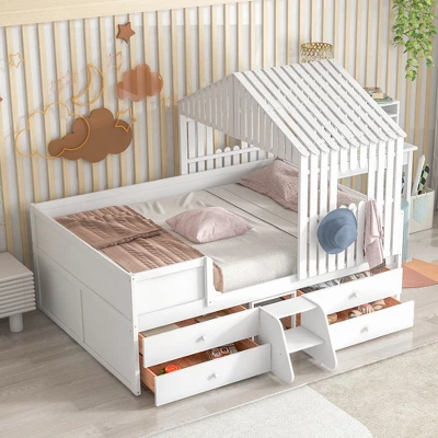 Full Size House Low Loft Bed With Four Drawers-ModernLuxe 3 Full Size House Low Loft Bed With Four Drawers-ModernLuxe