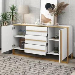 Contemporary 59" Sideboard With Large Storage And Gold Metal Legs - ModernLuxe