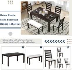 6 PCS Rustic Wood Dining Table Set, Rectangular Table With 4 Chairs & Bench-ModernLuxe -ModernLuxe GUEST 98932325 d581 41f2 914c db28ebcf69c8