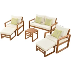 Outdoor Patio Wooden 6-Piece Talking Set With Footrest And Cushion For Backyard, Poolside, Balcony - ModernLuxe -ModernLuxe GUEST 9b393424 94b0 4ead 8a74 4b8ba51f895d