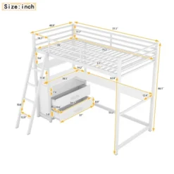 Twin Size Metal Loft Bed With Desk, Shelves And Two Built-in Drawers - ModernLuxe -ModernLuxe GUEST 9e68af02 de10 40ec a894 246ba0ac9446